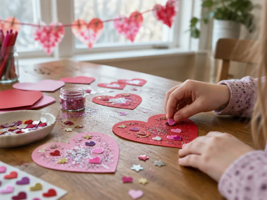 Ett barn dekorerar hjärtan av rött och rosa papper med klistermärken och glitter vid köksbordet, med en hjärtgirlang i fönstret