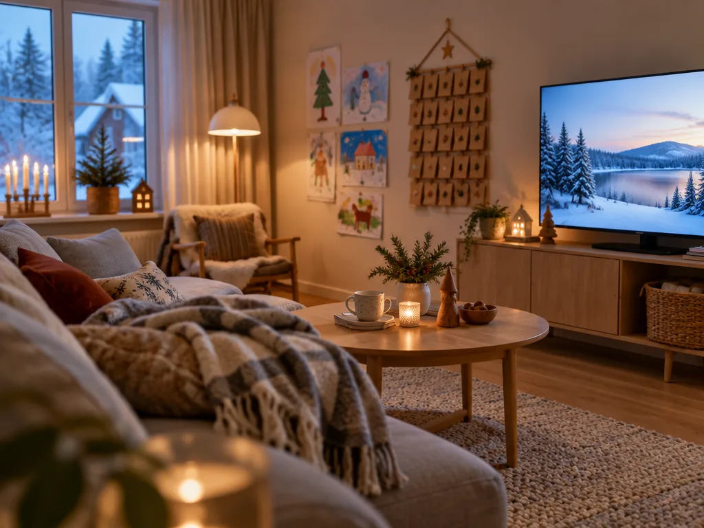 Ett mysigt vardagsrum en vinterkväll med tv, barnteckningar och en adventskalender på väggen