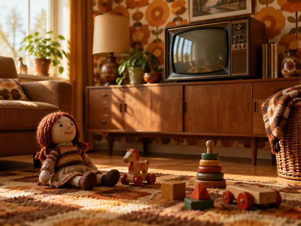 Ett 70-talsvardagsrum med en gammal tv i trä, mönstrad tapet, en stickad trasdocka och träleksaker på mattan