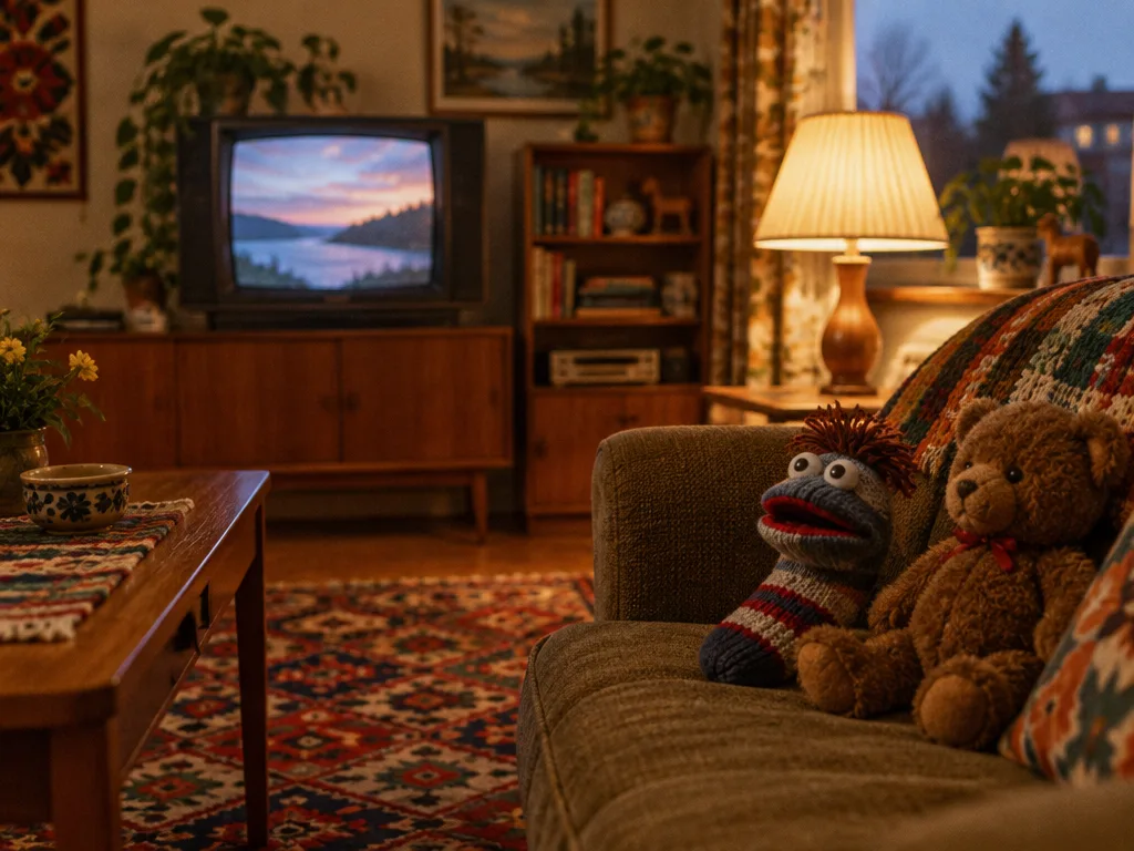 Ett 80-talsvardagsrum i kvällsljus med en gammal tv på en teakbänk, en stickad strumpdocka och en brun nallebjörn i soffan
