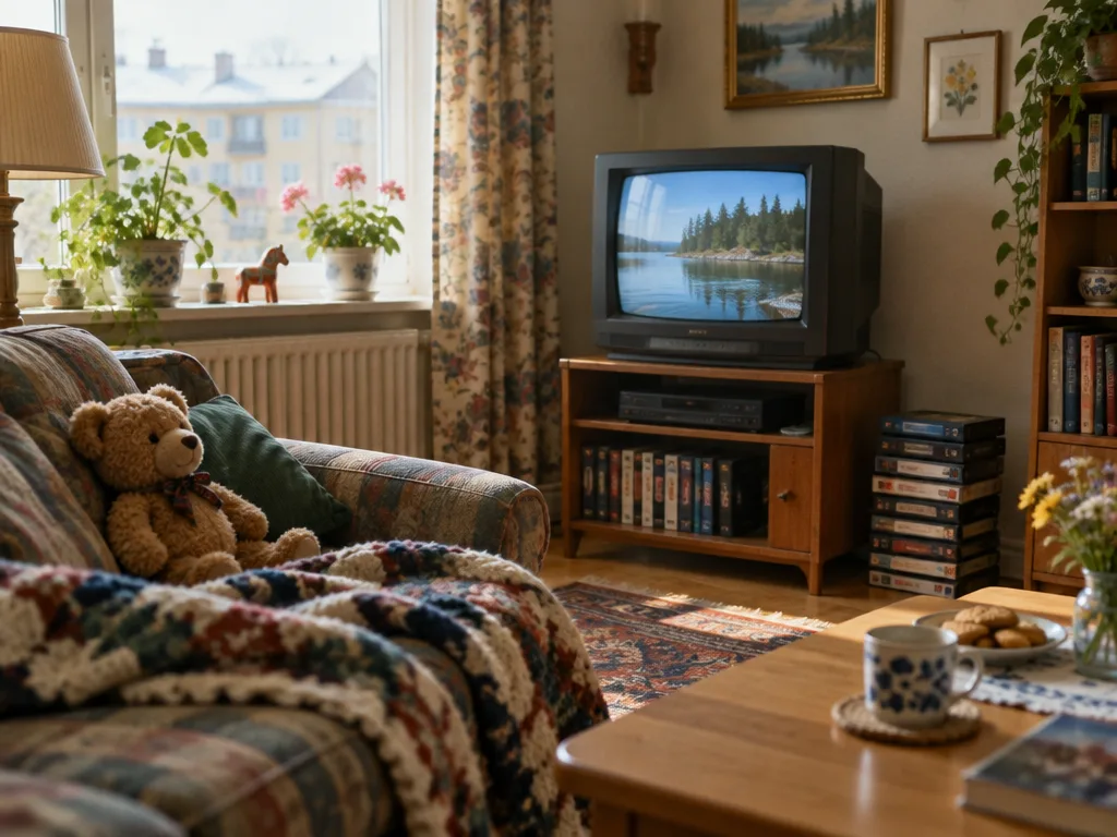Ett mysigt vardagsrum en lördagsmorgon med en gammal tjock-tv, en nallebjörn i soffan och videokassetter bredvid