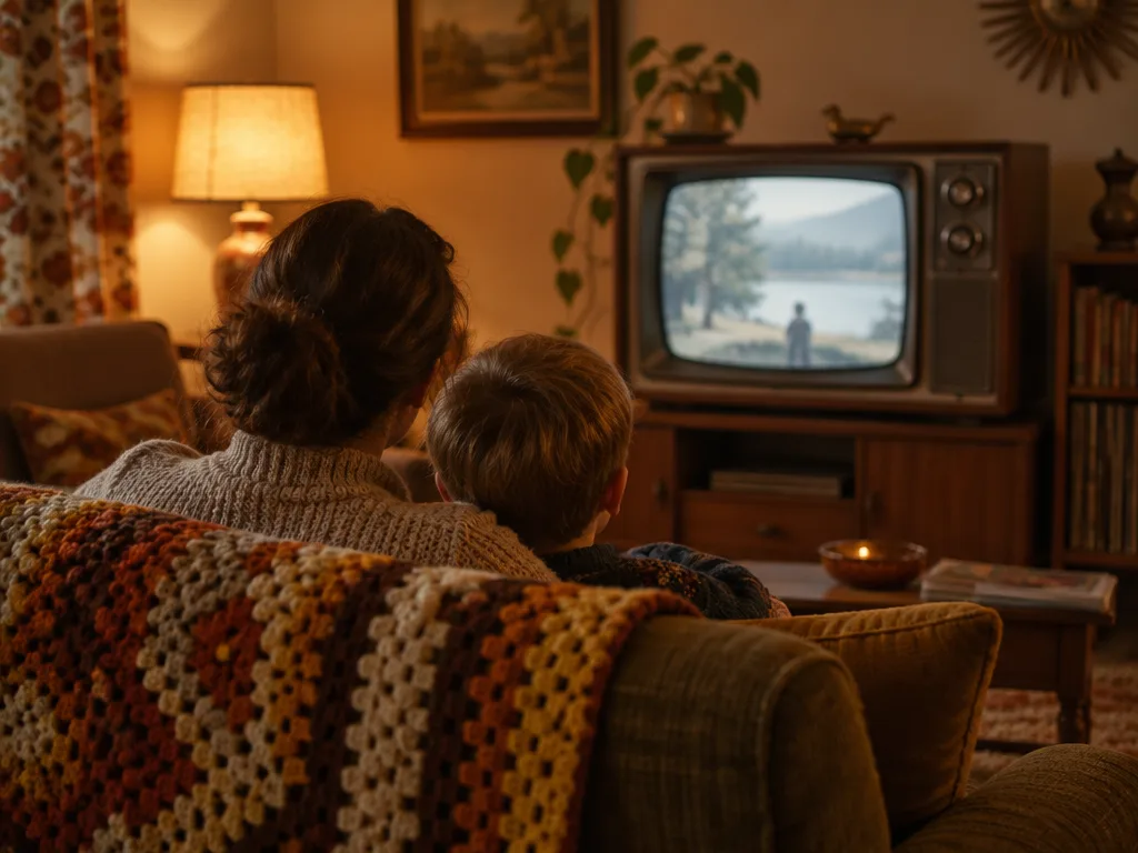 En förälder och ett barn i soffan framför en gammal tv-apparat i ett retroinrett vardagsrum