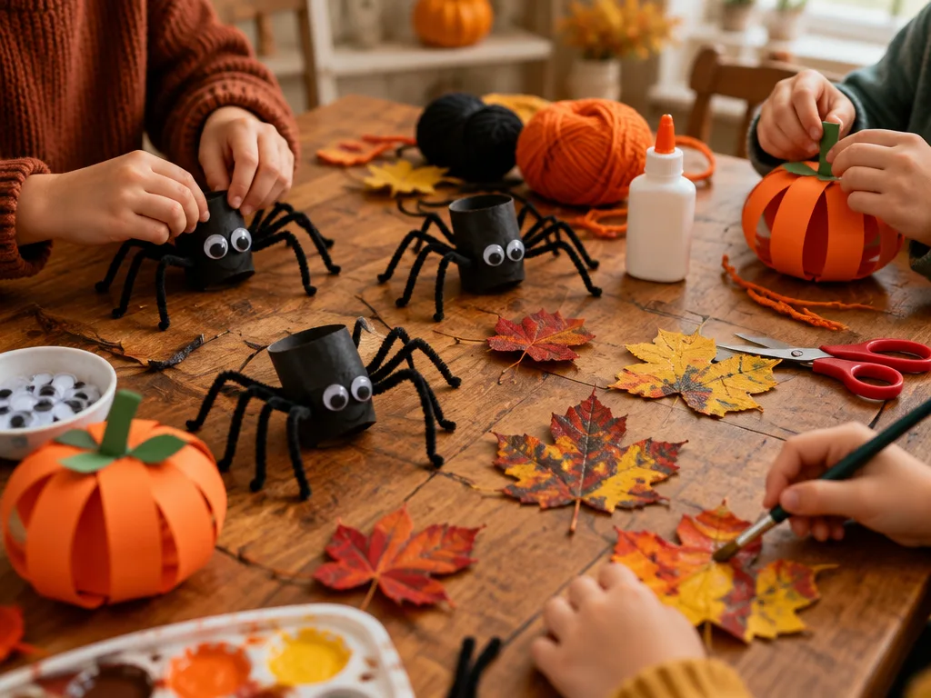 Barn pysslar halloweenpyssel vid ett köksbord: spindlar av toarullar, pumpor av orange papper och målade höstlöv
