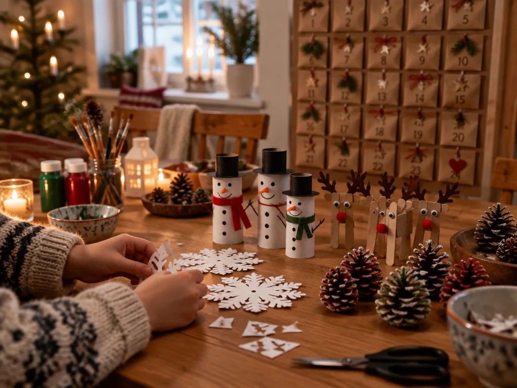 Barnhänder klipper snöflingor av papper vid köksbordet bland snögubbar av toarullar, renar av glasspinnar, målade kottar och en julkalender med kuvert