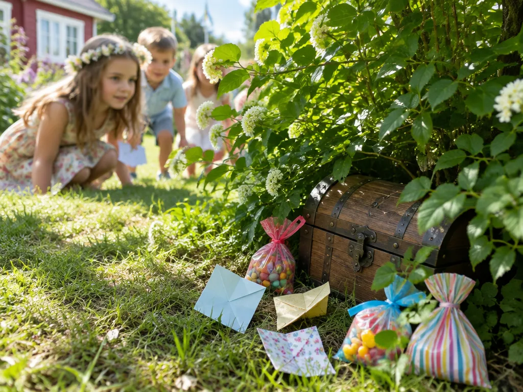 Barn på kalas letar efter en skattkista som står gömd under en buske i trädgården, med ledtrådslappar och godispåsar i gräset