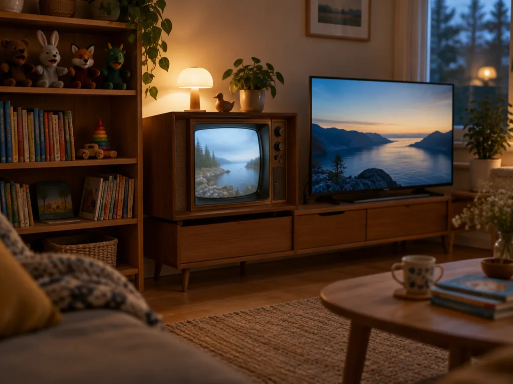 Ett mysigt vardagsrum en kväll med en gammal tv-apparat, handdockor och barnböcker på en hylla